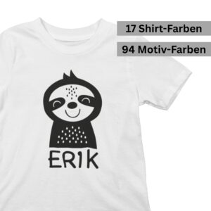 Kinder-Shirt niedliches Faultier einfarbig + Name (Personalisiert)